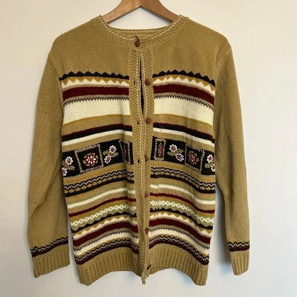 Vintage 70s Fair Isle Button-Up Cardigan – Boho Cottagecore Acrylic Sweater - Picture 2 of 7
